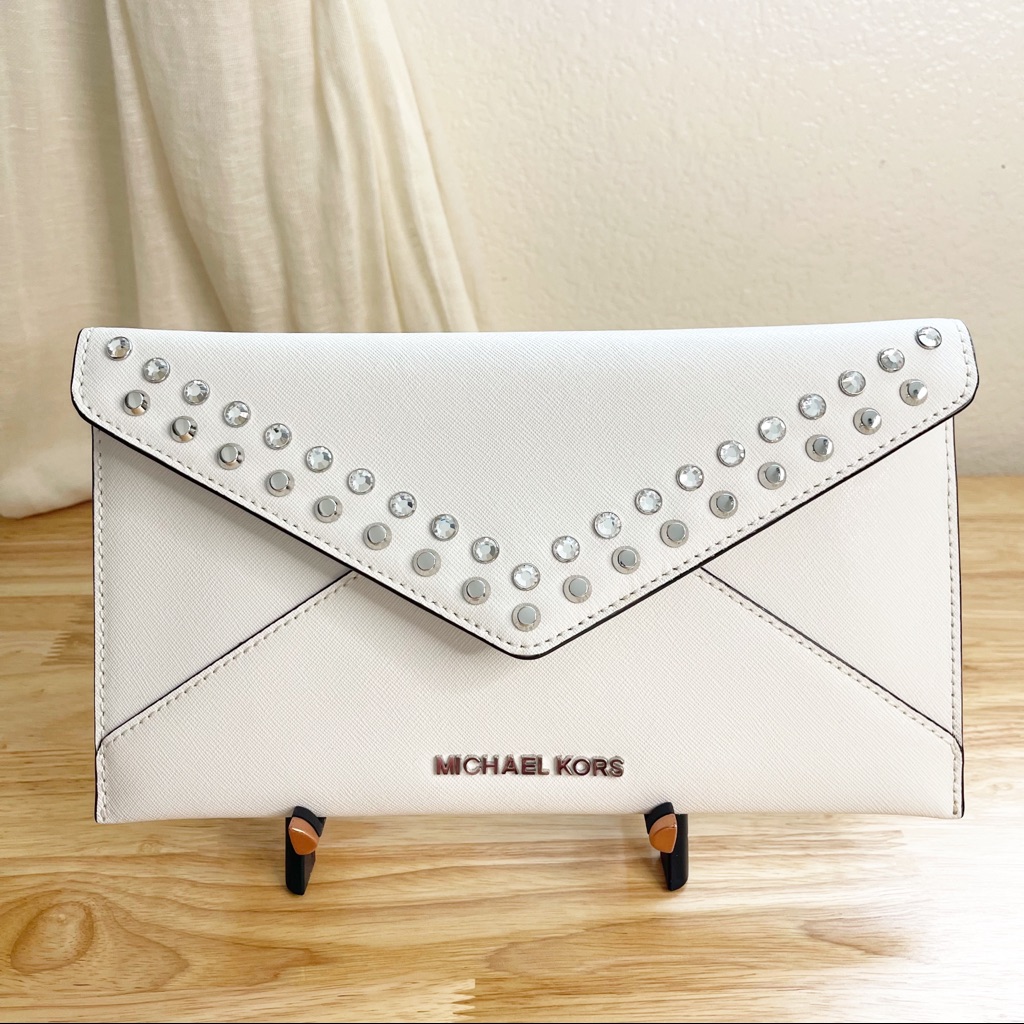 Michael Kors Jet Set Jeweled Envelope Clutch Optic White Saffiano Leather Euc